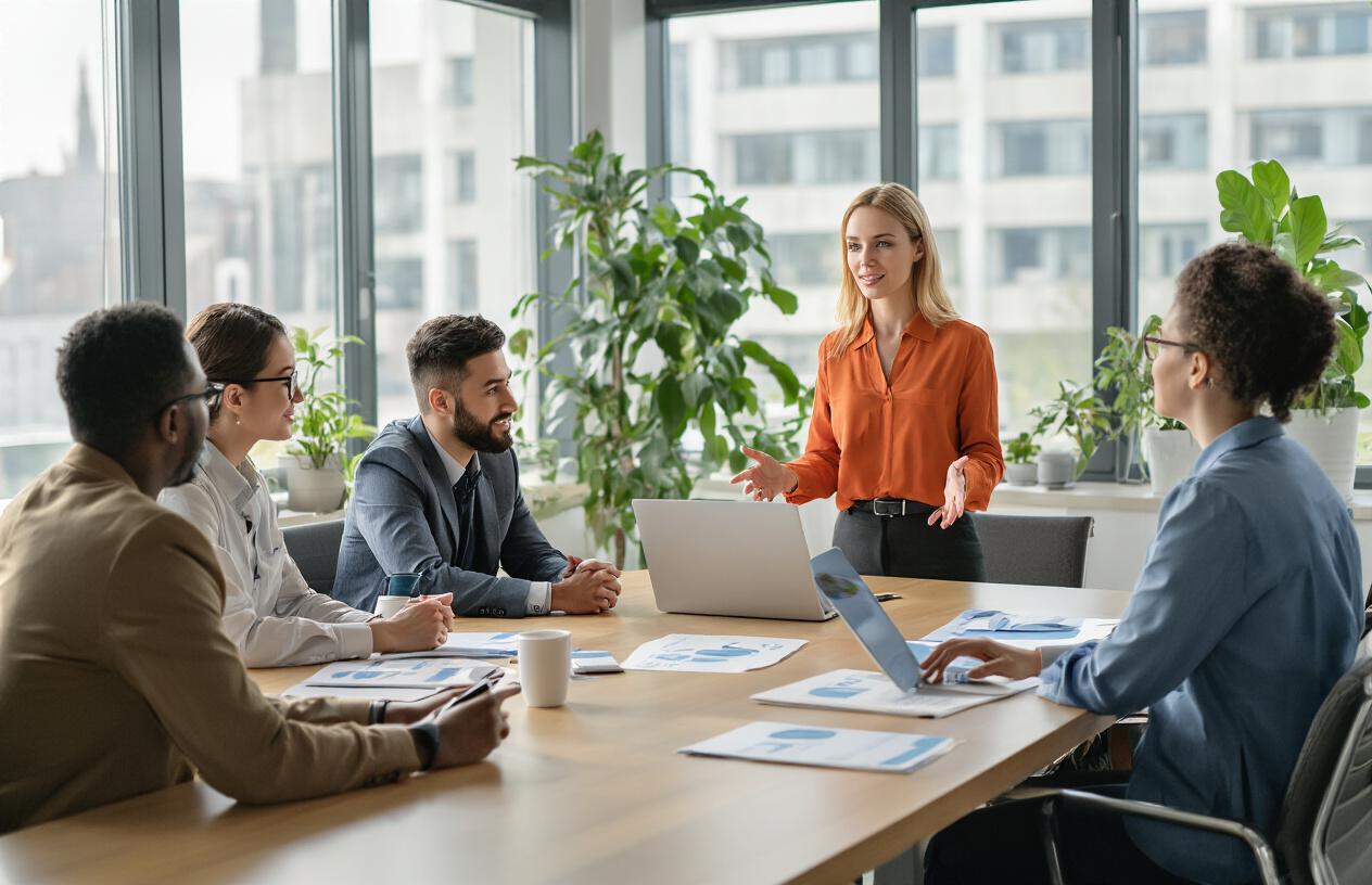 Create a realistic image of a diverse group of new employees sitting around a modern conference table in a bright office setting, with a white female HR manager standing and presenting to them using a laptop, welcoming materials and company handbooks spread across the table, large windows providing natural lighting, professional yet welcoming atmosphere with plants and modern office decor in the background, absolutely NO text should be in the scene.
