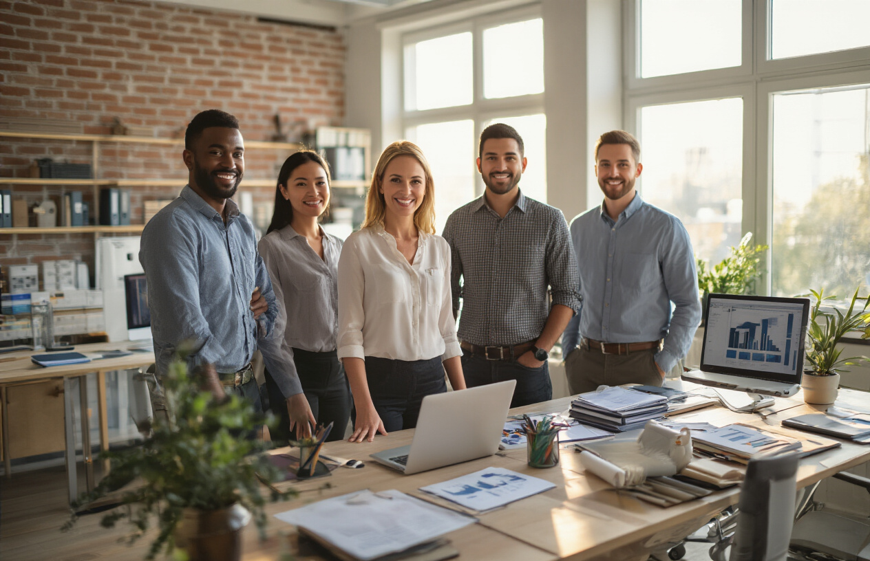 Create a realistic image of a diverse small business team of five people - including a white female business owner in the center, a black male, an Asian female, a Hispanic male, and a white male - standing together in a modern, bright office space with large windows, all smiling and appearing confident and professional, with laptops, documents, and office supplies visible on desks in the background, warm natural lighting streaming through the windows creating an atmosphere of success and collaboration, shot from a slightly elevated angle to show the welcoming workspace environment. Absolutely NO text should be in the scene.