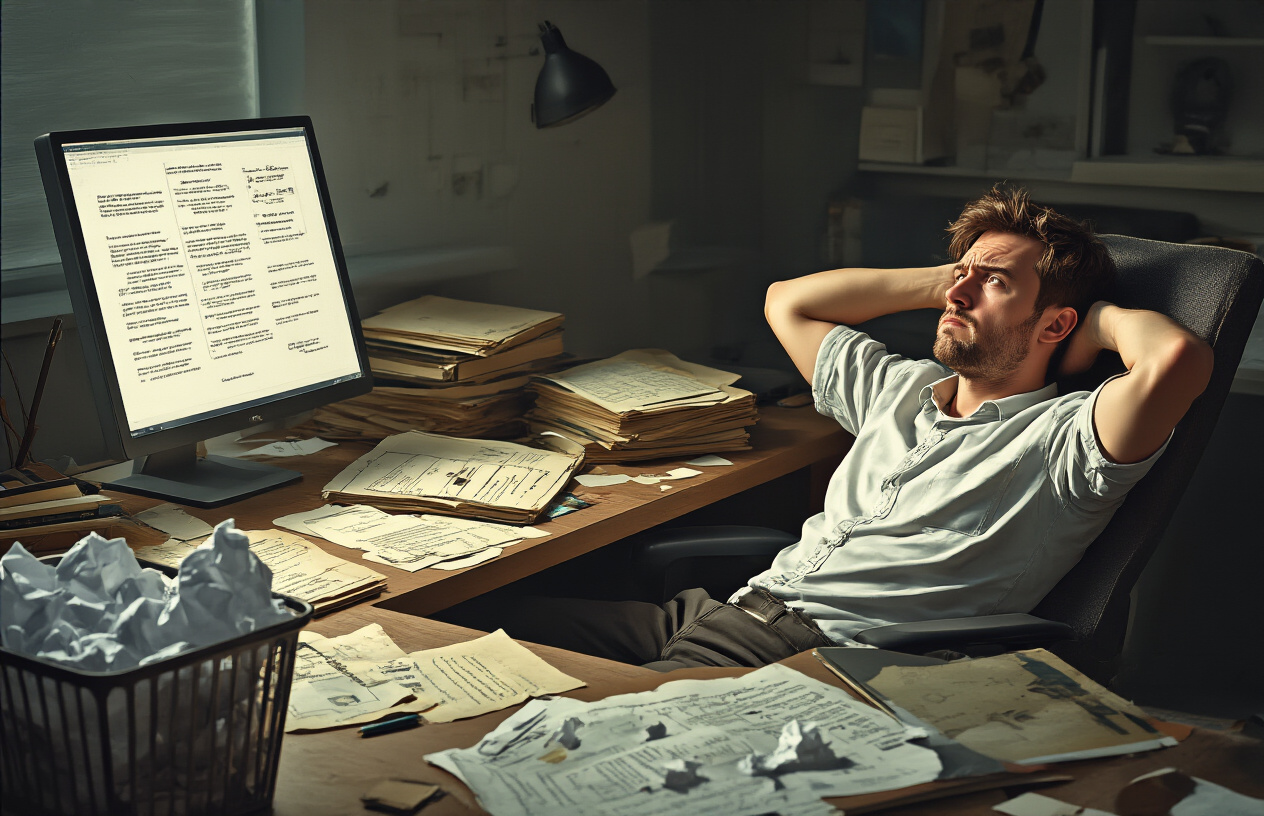 Create a realistic image of a cluttered desk with scattered traditional writing guides and outdated AI prompting manuals with worn covers, a frustrated white male in his 30s sitting back in his chair with hands behind his head looking skeptical, a computer screen showing poor AI-generated results, crumpled papers in a waste basket, dim office lighting creating shadows that emphasize the ineffectiveness of old methods, with a modern sleek laptop partially visible suggesting better alternatives exist, absolutely NO text should be in the scene.