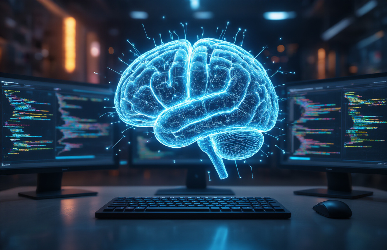 Create a realistic image of a translucent digital brain made of interconnected neural networks with glowing blue pathways, floating above a sleek computer workstation with multiple monitors displaying flowing streams of colorful data and code, set in a modern tech environment with soft ambient lighting and a dark background, showing the visual representation of AI processing information. Absolutely NO text should be in the scene.