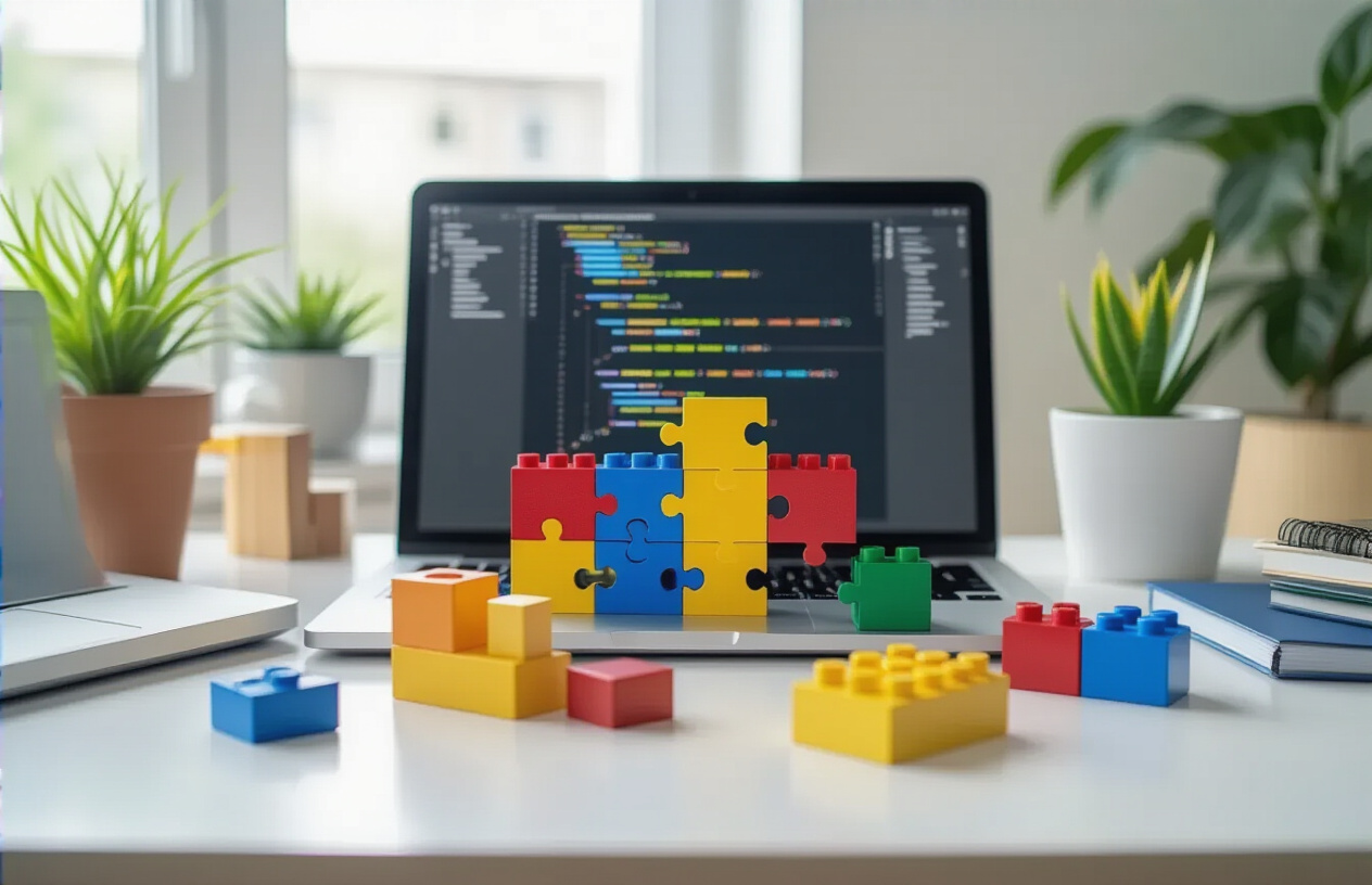 Create a realistic image of a modern workspace showing essential building blocks or components arranged on a clean desk, featuring colorful geometric shapes like puzzle pieces, building blocks, or modular components that represent different elements coming together, with a laptop computer displaying code or interface elements in the background, soft natural lighting from a window, and a minimalist office environment with plants and notebooks, conveying a sense of organization, creativity, and systematic approach to building something comprehensive, absolutely NO text should be in the scene.
