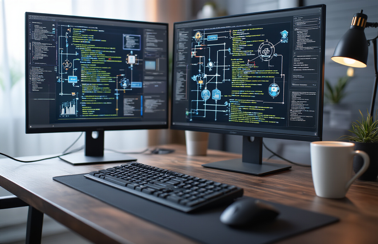 Create a realistic image of a close-up view of multiple computer screens displaying complex flowcharts, decision trees, and algorithmic diagrams with interconnected nodes and pathways, surrounded by a modern workspace with a sleek keyboard, mouse, and coffee cup on a dark wooden desk, soft ambient lighting from a desk lamp creating a focused work environment, conveying a sense of advanced technical problem-solving and strategic thinking, absolutely NO text should be in the scene.