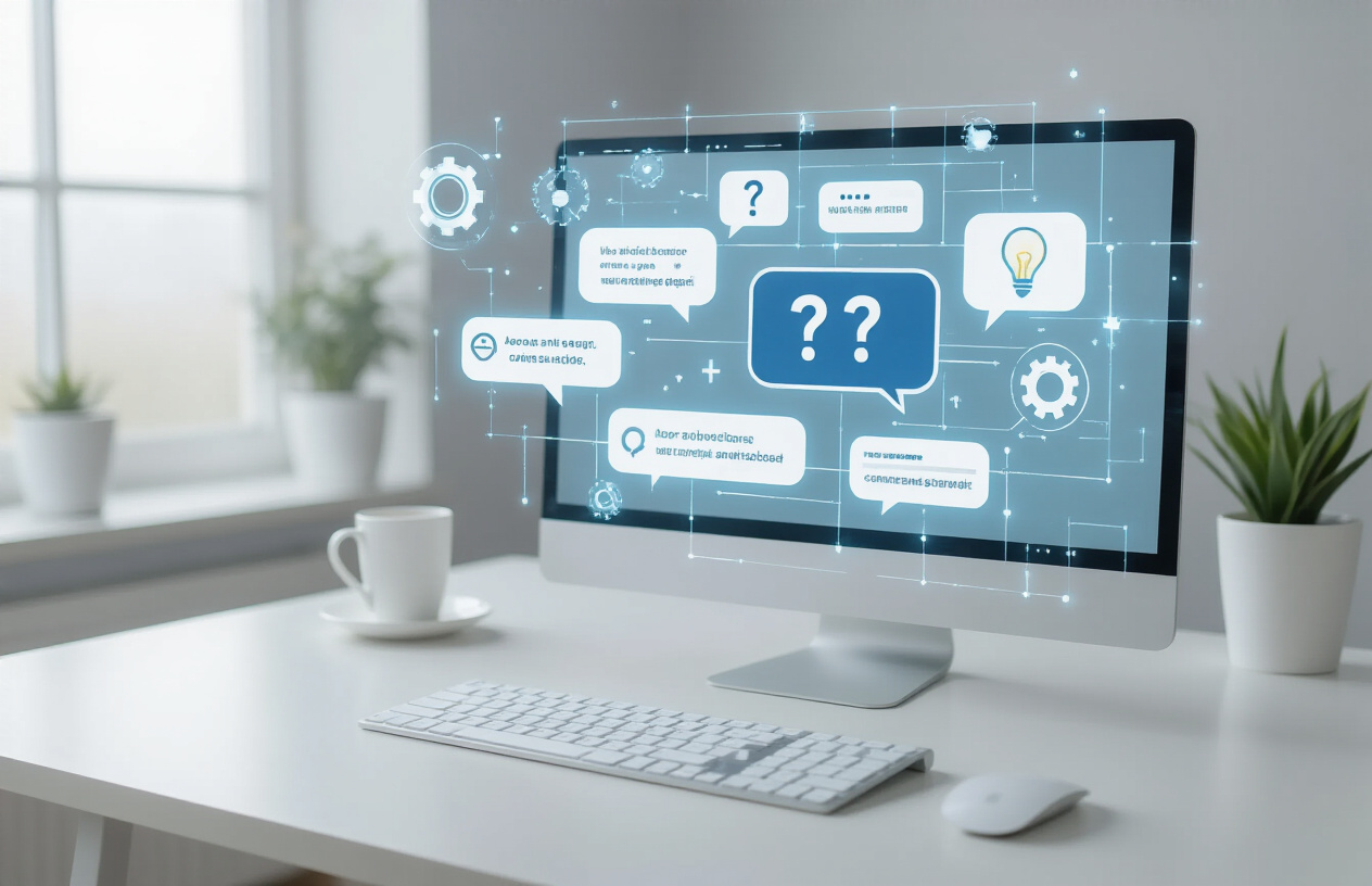 Create a realistic image of a modern workspace with a computer screen displaying a chatbot interface with multiple speech bubbles containing question marks and lightbulb icons, representing improved AI responses, with a clean white desk, wireless keyboard, and mouse, soft natural lighting from a window, minimalist background with light gray walls, and floating holographic elements showing gears and connection nodes around the screen to symbolize optimized AI communication, absolutely NO text should be in the scene.
