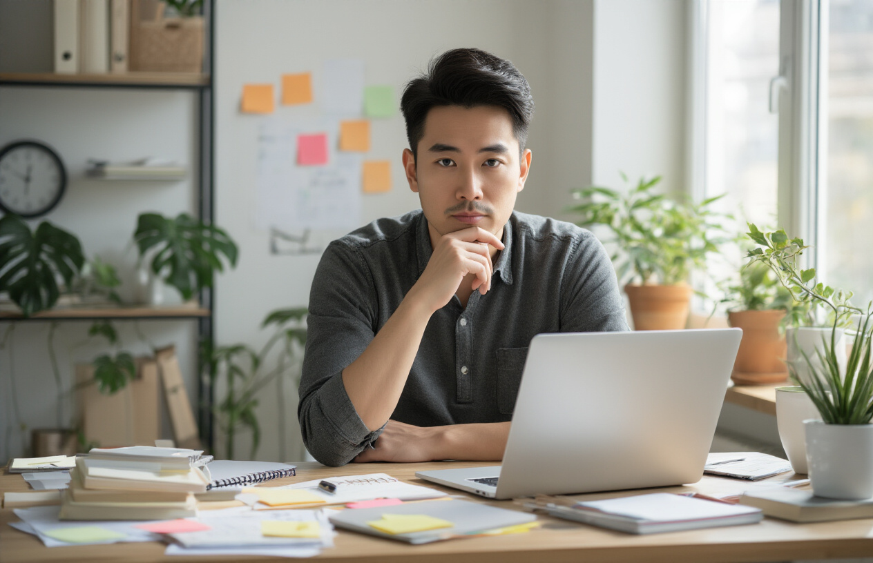 Create a realistic image of a focused Asian male in his 30s sitting at a modern desk with a laptop, surrounded by scattered notebooks and sticky notes, with his hand positioned thoughtfully near his chin in a contemplative pose, warm natural lighting from a nearby window illuminating the workspace, clean minimalist office environment with plants in the background, conveying concentration and methodical learning, absolutely NO text should be in the scene.