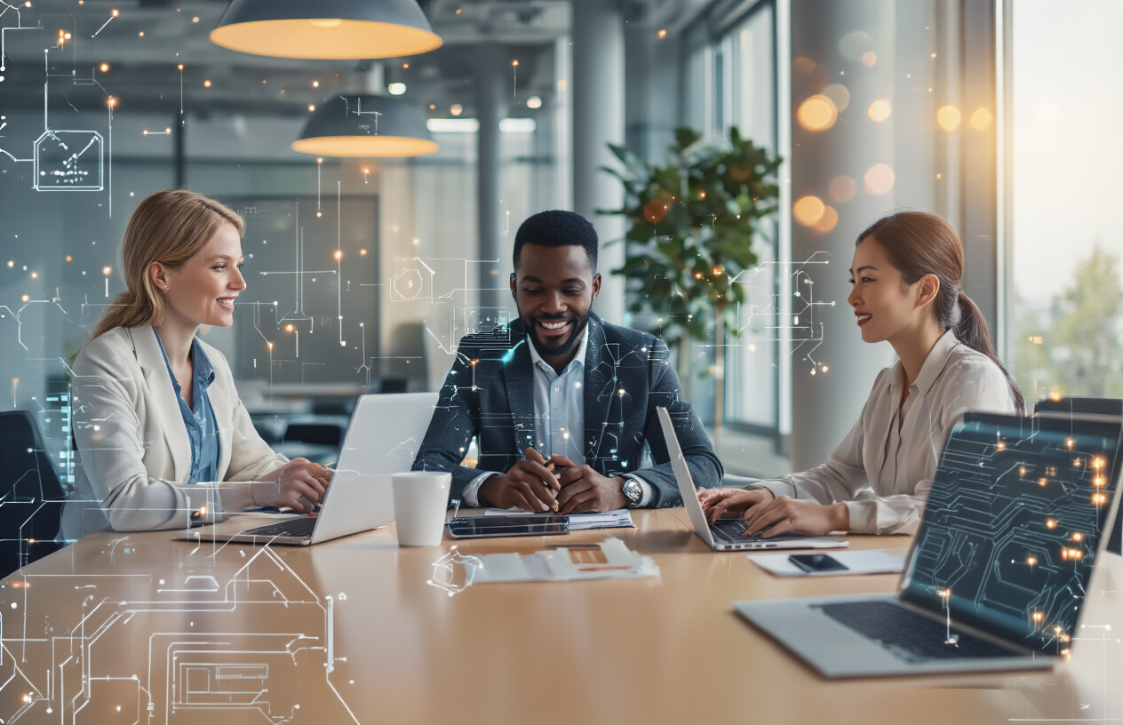 Create a realistic image of a diverse group of three professionals - a white female, black male, and Asian female - sitting around a modern conference table with laptops open, engaging in collaborative discussion, with subtle AI-themed visual elements like circuit board patterns softly glowing on their laptop screens, warm natural lighting from large windows in the background creating an atmosphere of achievement and innovation, modern office setting with clean minimalist design, people appearing satisfied and accomplished as if they've just completed mastering a complex skill, soft bokeh lighting effects, absolutely NO text should be in the scene.