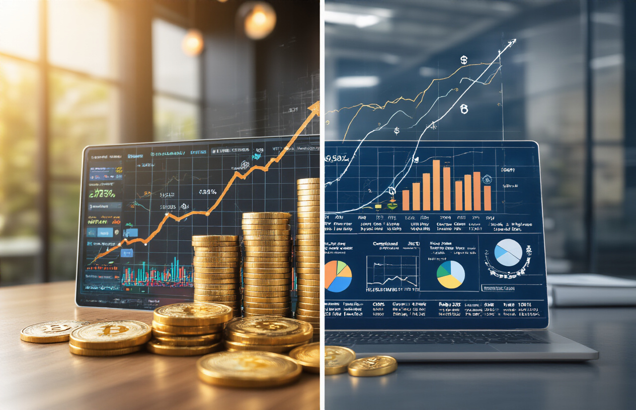 Create a realistic image of a split composition showing long-term wealth building through cryptocurrency and stock investments, featuring financial growth charts trending upward on digital screens, gold coins with cryptocurrency symbols alongside traditional stock certificates, a balanced portfolio visualization with pie charts, compound interest growth curves, and investment timeline graphics spanning multiple years, set against a modern financial office background with warm professional lighting that conveys stability and prosperity, absolutely NO text should be in the scene.