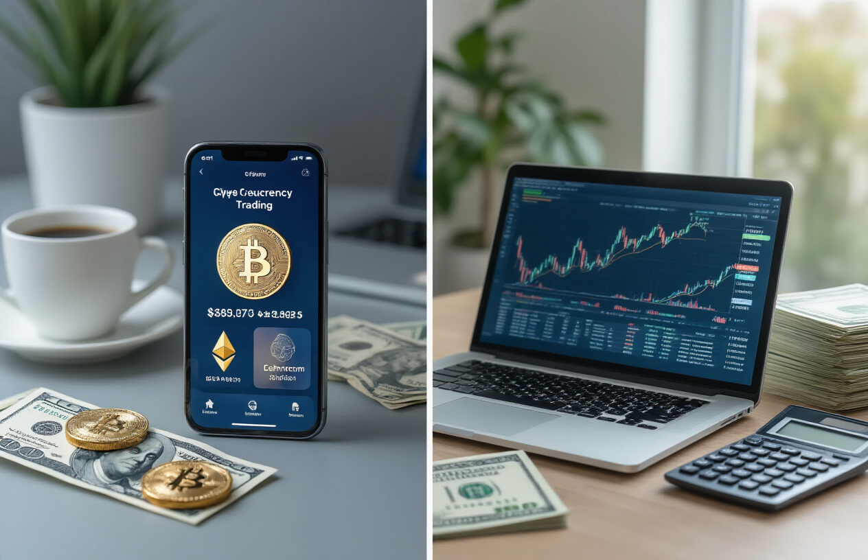 Create a realistic image of a split-screen composition showing two different investment scenarios: on the left side, a smartphone displaying cryptocurrency trading apps with Bitcoin and Ethereum logos on the screen, a few dollar bills scattered nearby, and a coffee cup on a simple desk representing low-barrier crypto trading; on the right side, a more formal setup with a laptop showing stock market charts, stacks of documents, a calculator, and significantly more cash bills representing traditional stock trading capital requirements, with soft natural lighting from a window, modern minimalist office environment, neutral color palette with blues and greens from the screens, absolutely NO text should be in the scene.