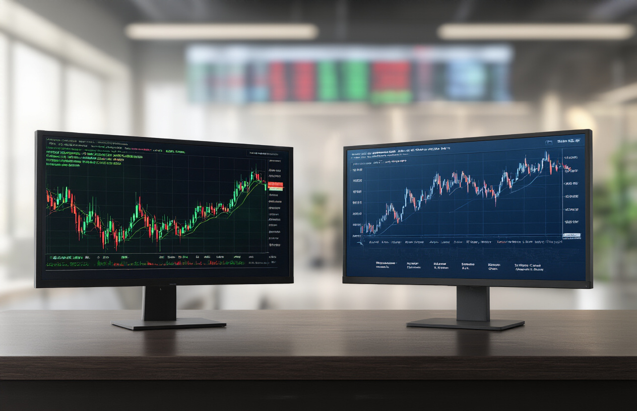 Create a realistic image of two side-by-side digital screens displaying contrasting financial charts, the left screen showing a highly volatile cryptocurrency price chart with dramatic peaks and valleys in bright green and red colors, the right screen showing a more stable stock market chart with gentler fluctuations in blue tones, both screens positioned on a modern dark wooden desk in a professional trading office environment with soft ambient lighting, a subtle background showing blurred financial data and market indicators, conveying the concept of risk comparison between different investment markets, absolutely NO text should be in the scene.