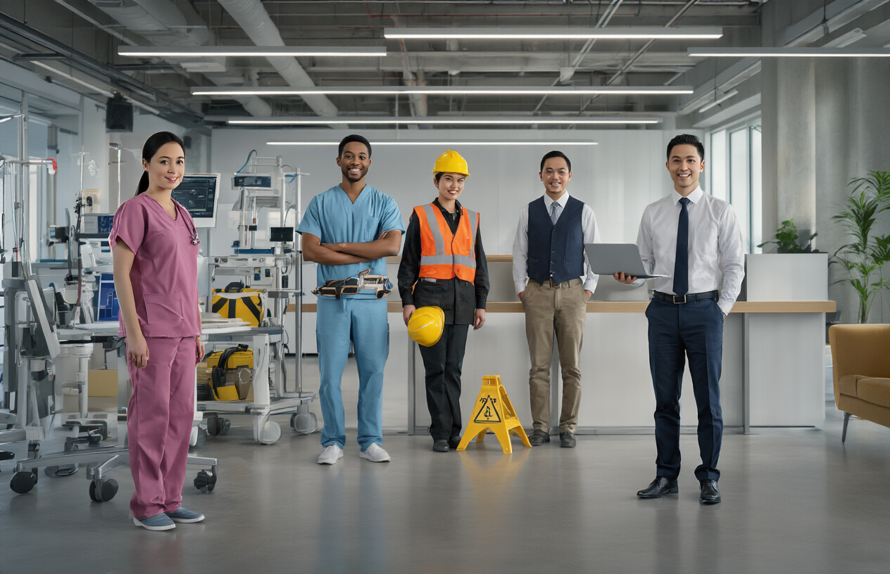 Create a realistic image of a diverse group of professionals representing different industries standing in a modern office environment, featuring a white female healthcare worker in scrubs, a black male engineer with a hard hat, an Asian female technology professional with a laptop, a Hispanic male hospitality worker in uniform, and a white male finance professional in business attire, with iconic industry symbols like medical equipment, construction tools, computer screens, hotel reception desk, and financial charts visible in the background, bright professional lighting creating an optimistic and welcoming atmosphere, absolutely NO text should be in the scene.