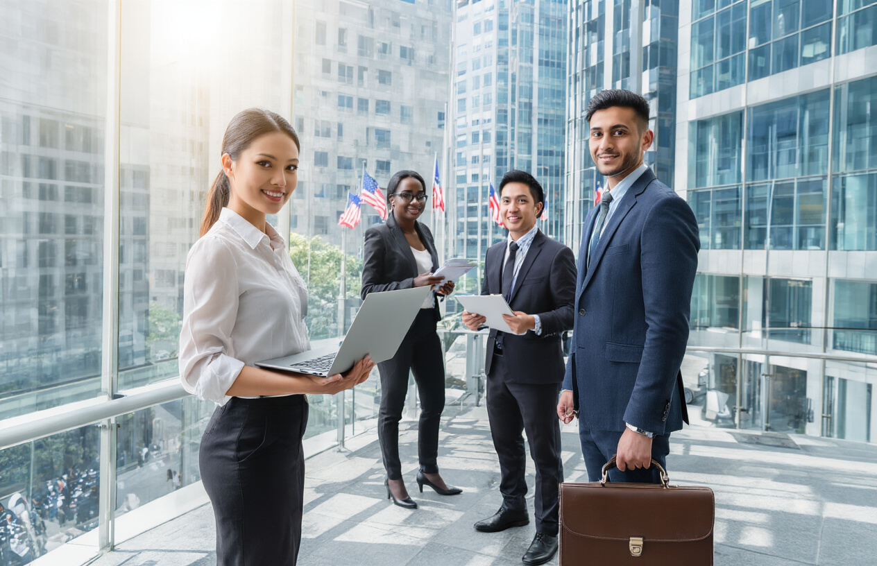 Create a realistic image of a diverse group of young professionals in business attire standing in a modern office environment, including a white female holding a laptop, a black male with a tablet, an Asian female with documents, and a Hispanic male with a briefcase, positioned near glass office buildings in the background with American flags visible, bright professional lighting, conveying opportunity and career growth atmosphere, absolutely NO text should be in the scene.