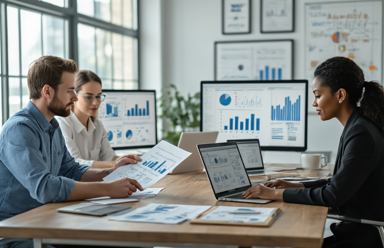 Create a realistic image of a modern office environment with a diverse group of professionals including a white male and black female sitting at a conference table reviewing documents and laptops, with visible elements representing key job qualifications such as diplomas on the wall, computer screens displaying charts and data, professional certificates in frames, and a whiteboard with skill-related diagrams in the background, bright natural lighting from large windows, professional and focused atmosphere, absolutely NO text should be in the scene.