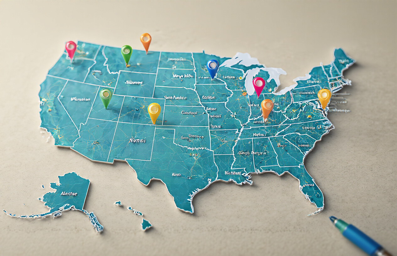 Create a realistic image of a detailed map of the United States showing major cities and metropolitan areas highlighted with bright colorful pins and markers indicating job hotspots, with a professional business atmosphere, clean modern cartographic style with clear state boundaries, major cities like New York, San Francisco, Seattle, Austin, and Chicago prominently marked with glowing location indicators, soft professional lighting, viewed from a top-down perspective on a sleek desk surface with subtle shadows, corporate blue and green color scheme suggesting opportunity and growth, absolutely NO text should be in the scene.