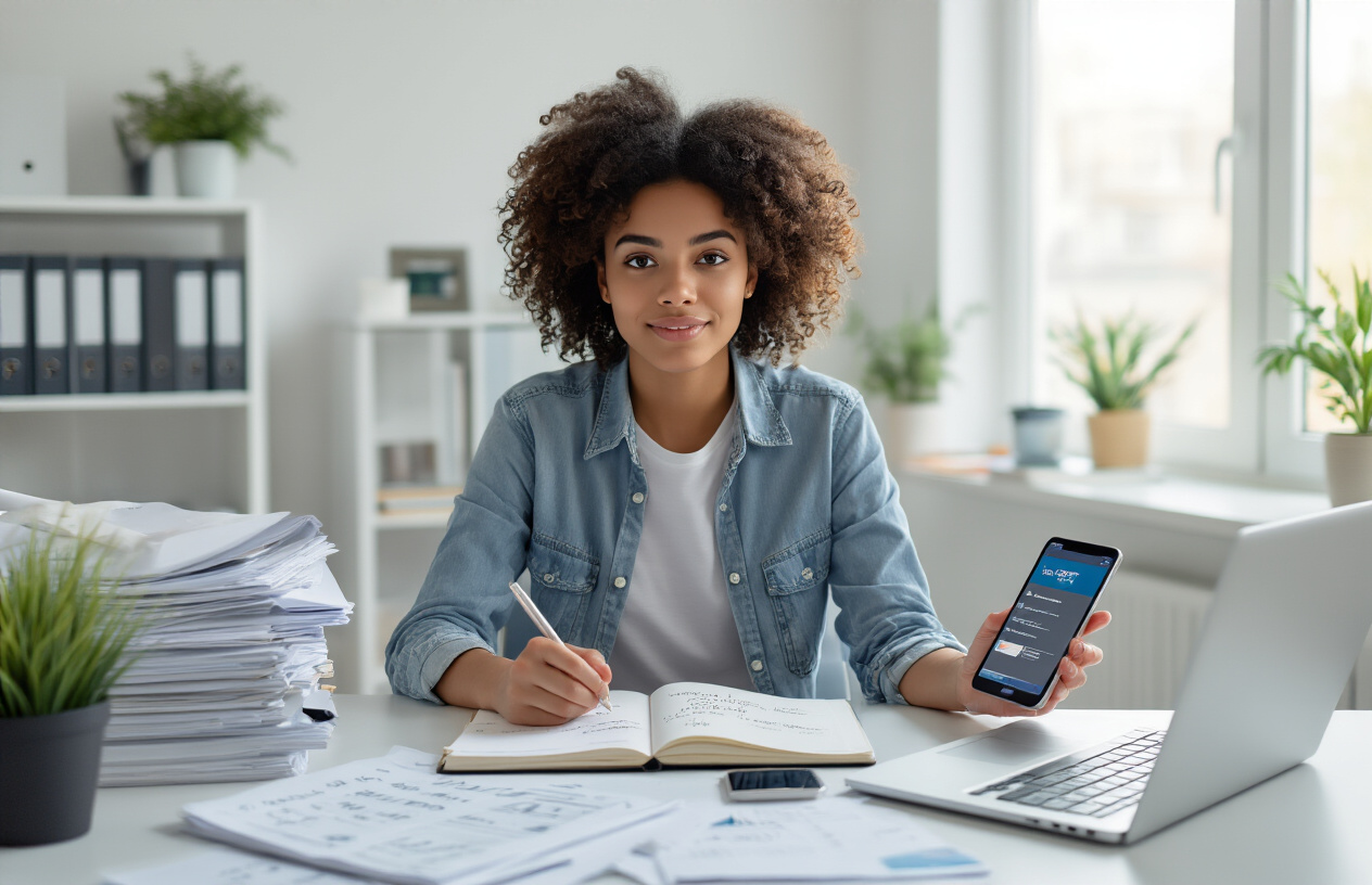 Create a realistic image of a young diverse professional sitting at a modern desk with a laptop open, surrounded by organized documents, a notebook with handwritten notes, and a smartphone displaying job application notifications, with a clean office environment in the background featuring soft natural lighting from a window, conveying focus and determination as they work on their job application strategy, absolutely NO text should be in the scene.