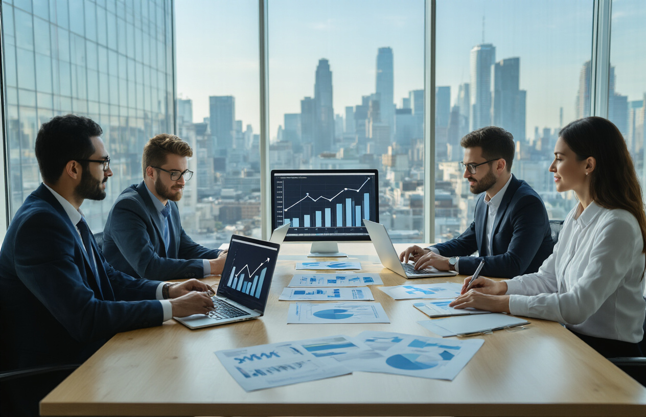 Create a realistic image of a diverse group of young professionals in business attire sitting around a modern conference table with laptops, charts showing upward trending salary graphs and career progression diagrams spread across the table, in a bright corporate office setting with glass windows showing a city skyline, natural lighting creating a professional and optimistic atmosphere, absolutely NO text should be in the scene.