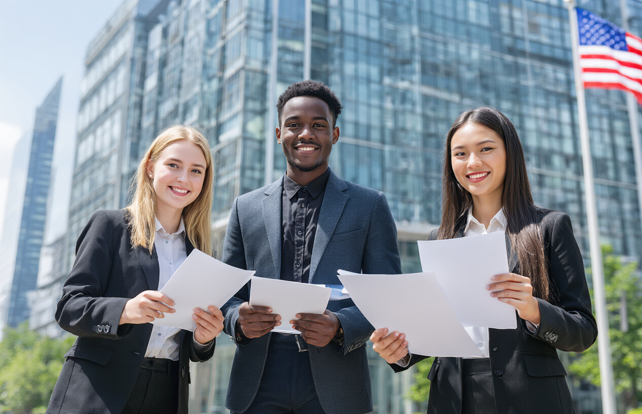 Create a realistic image of a diverse group of young professionals standing together in front of a modern office building, including a white female, black male, and Asian female, all holding documents and looking optimistic and confident, with the American flag visible in the background, bright natural lighting suggesting hope and new opportunities, urban cityscape setting with glass buildings, professional business attire, welcoming corporate environment atmosphere, absolutely NO text should be in the scene.