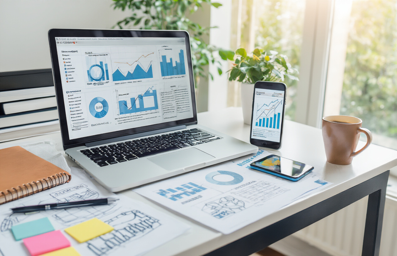 Create a realistic image of a modern office workspace showing content marketing results with a laptop displaying analytics graphs and charts, surrounded by marketing materials like notebooks with sketches, a smartphone showing social media engagement, printed reports with upward trending data, a coffee cup, and colorful sticky notes on a clean desk, bright natural lighting from a window, professional and productive atmosphere, absolutely NO text should be in the scene.
