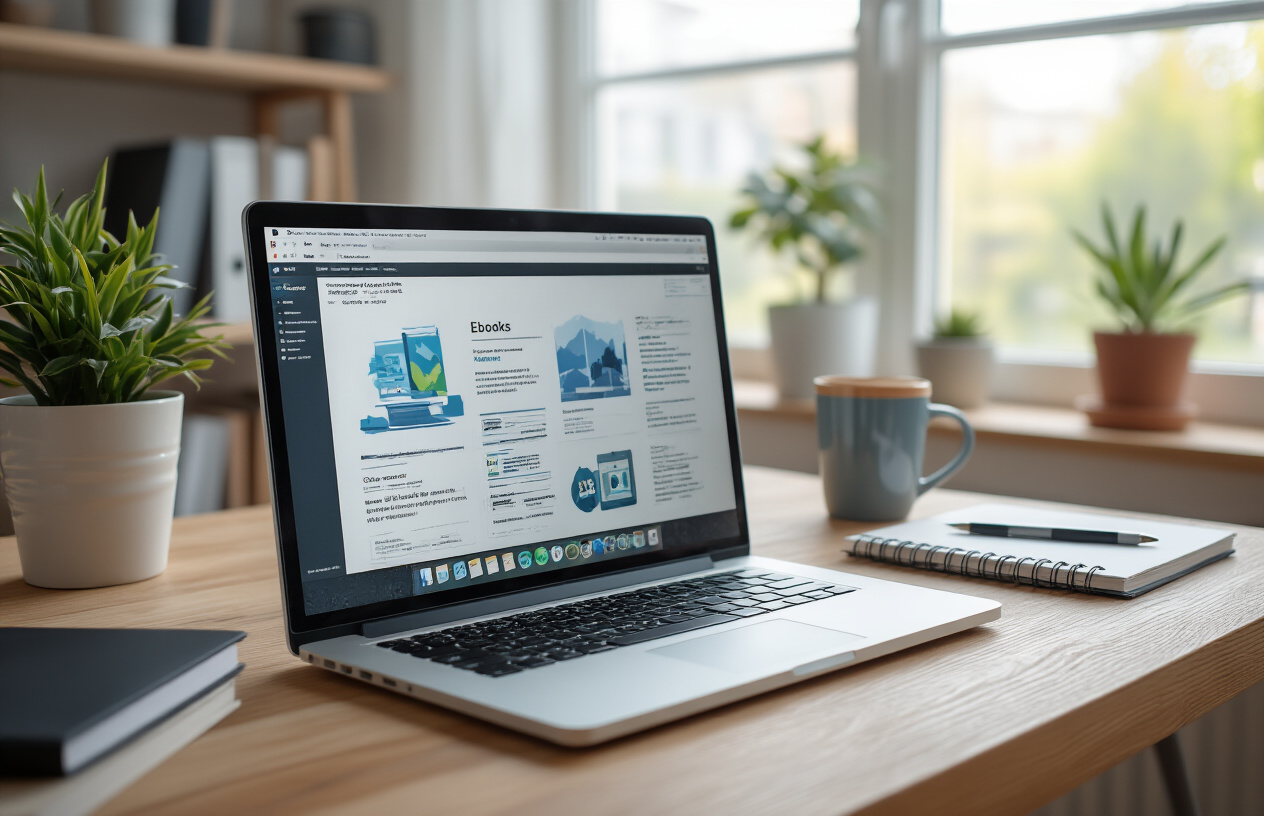Create a realistic image of a modern workspace featuring a laptop computer displaying digital product creation elements like ebooks, online courses, and software interfaces on the screen, with design tools and notebooks scattered on a clean wooden desk, soft natural lighting from a window, professional and organized atmosphere conveying productivity and digital entrepreneurship, absolutely NO text should be in the scene.