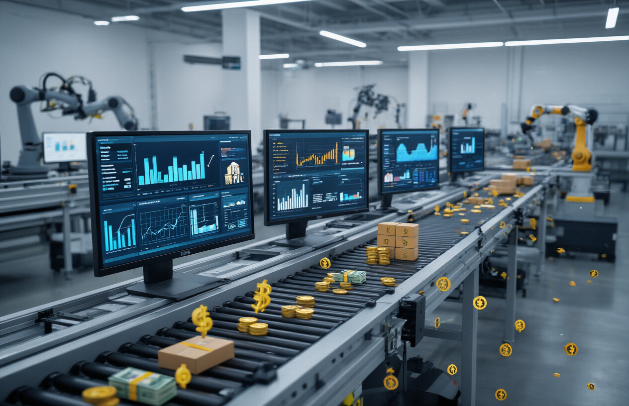Create a realistic image of a modern workspace setup showing multiple automated business systems running simultaneously on computer screens, including e-commerce dashboards, affiliate marketing platforms, and digital analytics charts, with automated conveyor belt mechanisms and robotic arms in the background representing automation, professional lighting with a clean minimalist office environment, conveyor belts moving products and money symbols flowing through digital networks, emphasizing efficiency and passive income generation through technology, absolutely NO text should be in the scene.