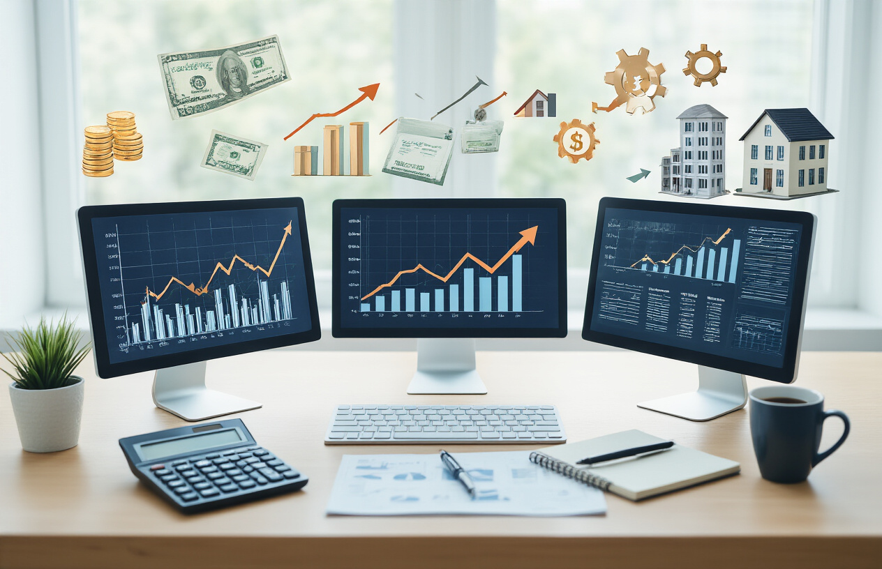 Create a realistic image of a professional workspace showing multiple passive income streams represented by financial charts, graphs trending upward, investment portfolios on computer screens, real estate models, dividend statements, and automated systems symbols like gears and arrows flowing in a circular pattern, all arranged on a modern desk with a calculator, notebook, and coffee cup, set against a clean office background with soft natural lighting from a window, conveying growth, stability, and systematic wealth building. Absolutely NO text should be in the scene.