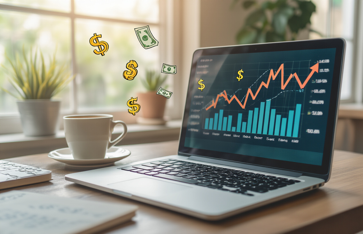 Create a realistic image of a peaceful workspace showing a laptop computer displaying charts and graphs with upward trending arrows, multiple streams of income symbols like dollar signs floating gently in the air, a comfortable home office setting with a coffee cup on the desk, soft natural lighting coming through a window, creating a successful and accomplished atmosphere that represents achieving financial freedom through online passive income, absolutely NO text should be in the scene.