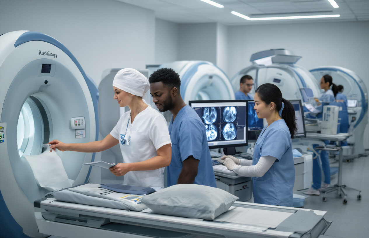 Create a realistic image of a diverse group of radiology technologists in a modern medical facility, featuring a white female technologist operating an X-ray machine, a black male technologist reviewing digital scans on a computer monitor, and an Asian female technologist preparing equipment, all wearing scrubs and professional attire, with medical imaging equipment including CT scanners and X-ray machines visible in the background, bright clinical lighting illuminating the clean, professional healthcare environment, conveying a sense of career opportunity and teamwork in the medical field, absolutely NO text should be in the scene.