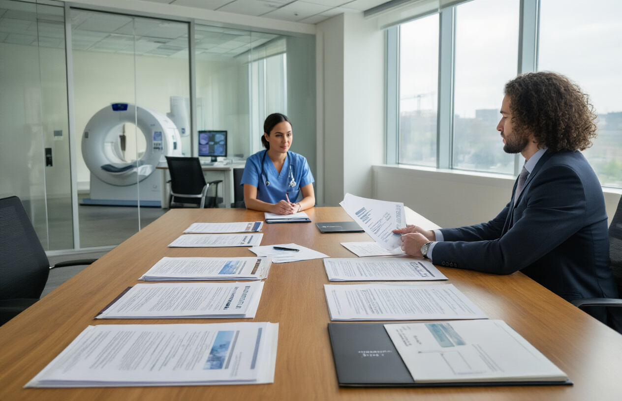 Create a realistic image of a modern office conference room with a large wooden table displaying multiple open job description documents, folders, and professional notebooks spread across the surface, with a white male hiring manager in a business suit sitting at one end reviewing documents and a black female radiology professional in medical scrubs sitting across from him during what appears to be a job interview or consultation, soft natural lighting from large windows in the background illuminating the professional healthcare recruitment setting, with medical imaging equipment visible through glass partitions in the adjacent room, conveying a serious and professional atmosphere focused on healthcare career opportunities, absolutely NO text should be in the scene.