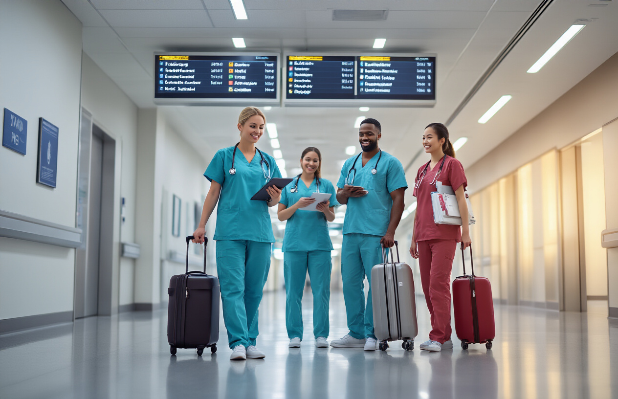 Create a realistic image of a diverse group of radiology technologists in scrubs standing in a modern hospital hallway with rolling suitcases and travel bags, including a white female technologist holding a tablet showing job opportunities, a black male technologist with a stethoscope, and an Asian female technologist carrying medical equipment, with airport departure boards visible in the background showing different city destinations, bright fluorescent lighting, professional medical environment atmosphere, conveying mobility and career advancement opportunities, absolutely NO text should be in the scene.
