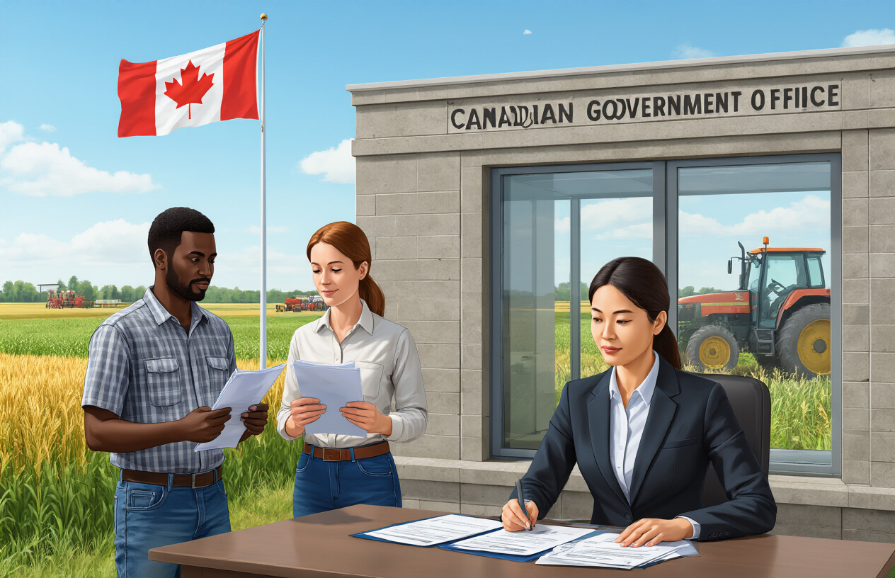 Create a realistic image of a diverse group of farm workers including a black male, white female, and Asian male standing in front of a Canadian government office building with the Canadian flag visible, holding official documents and visa paperwork, with a professional immigration officer (white female) in business attire reviewing documents at a desk through a window, set against a backdrop of agricultural fields and farm equipment, bright daylight with clear blue sky, conveying a sense of hope and official process, Absolutely NO text should be in the scene.