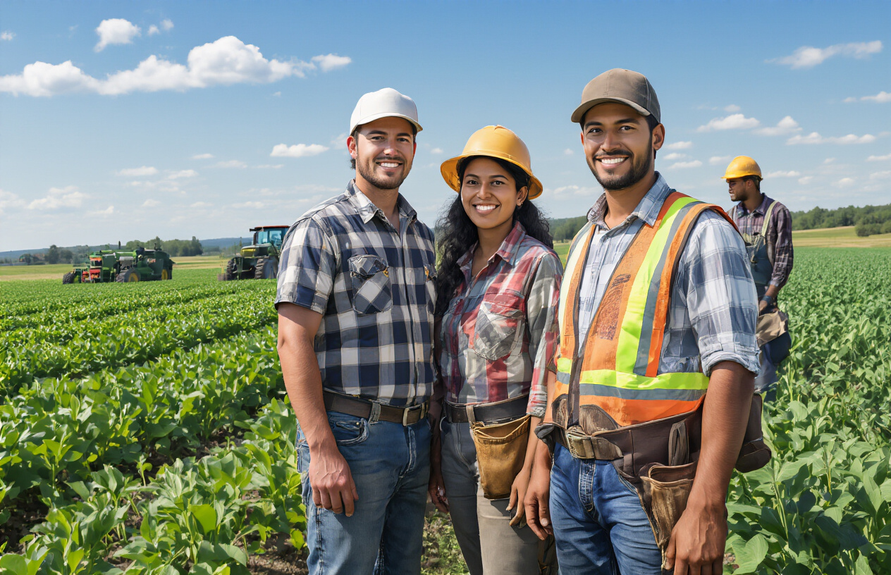 Create a realistic image of diverse farm workers including white male, black female, and Hispanic male agricultural workers in work clothes and safety gear standing together in a modern Canadian farm field with crops, farm equipment and machinery in the background, bright sunny lighting creating an inviting professional atmosphere, workers appearing confident and ready for employment, Canadian rural landscape visible in the distance, absolutely NO text should be in the scene.
