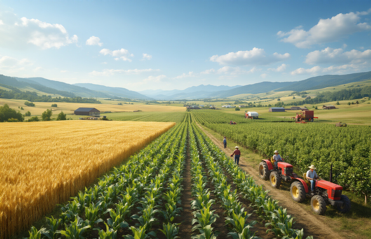 Create a realistic image of a split-screen map view showing different Canadian provinces with distinctive agricultural landscapes, featuring Alberta's golden wheat fields on the left, Ontario's corn farms in the center, and British Columbia's fruit orchards on the right, with farm workers of diverse ethnicities including white, black, and Hispanic males and females working in each section, tractors and farming equipment scattered throughout the fields, clear blue sky with soft natural lighting, rolling hills in the background, and a sense of productivity and opportunity across the vast Canadian farmland, absolutely NO text should be in the scene.