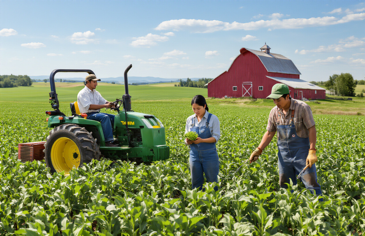 Create a realistic image of diverse farm workers in work attire demonstrating various agricultural skills in a Canadian farm setting, showing a white male worker operating modern farming equipment, a black female worker examining crop quality, and an Asian male worker using hand tools, with rolling green farmland, red barn, and clear blue sky in the background, bright natural daylight, professional and focused atmosphere, absolutely NO text should be in the scene.