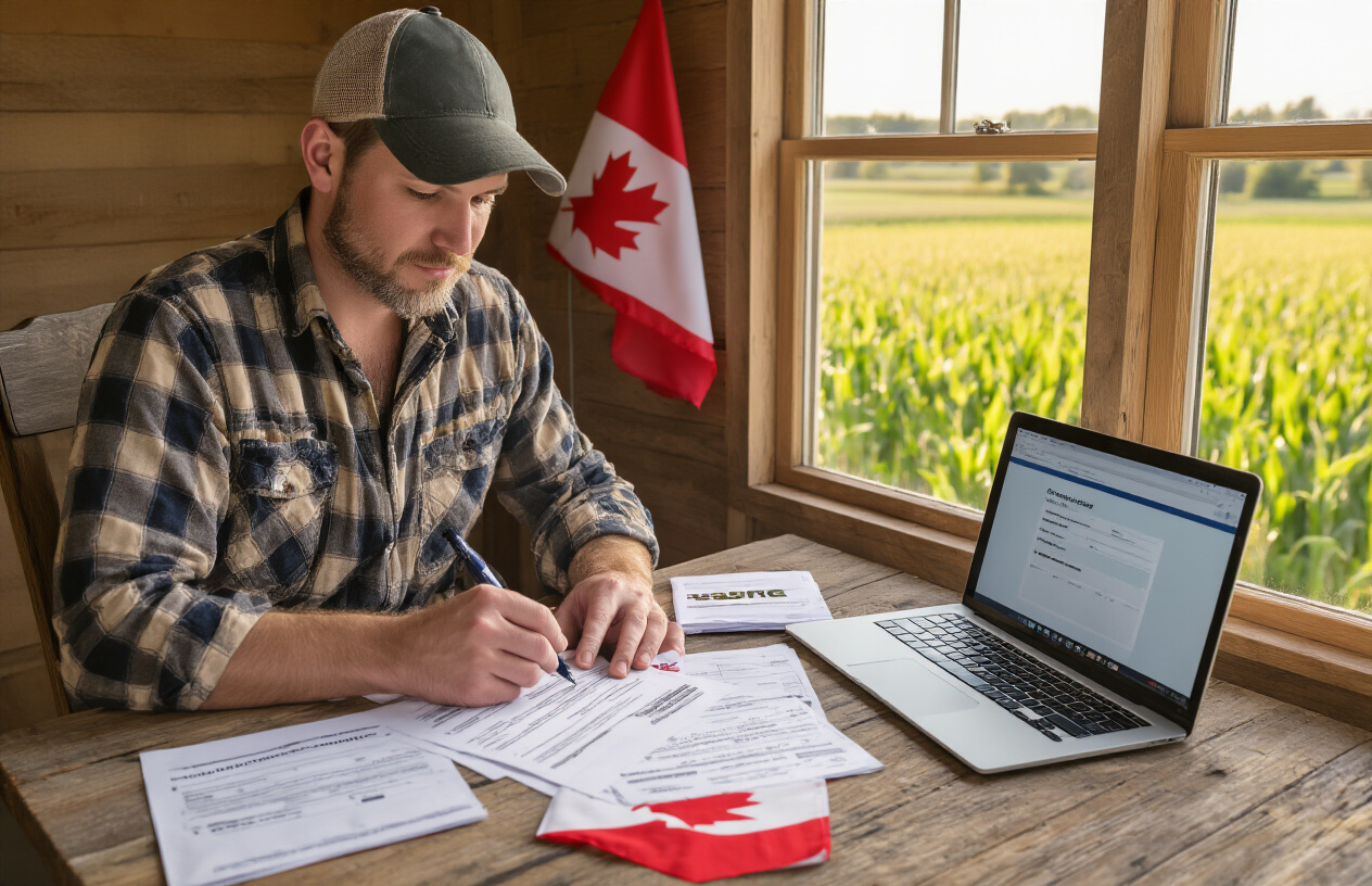 Create a realistic image of a white male farm worker in work clothes sitting at a wooden desk filling out application documents with a pen, with immigration forms and a Canadian flag visible on the desk, a laptop computer open showing an online application form, and farm fields visible through a window in the background, warm natural lighting creating a hopeful and professional atmosphere, absolutely NO text should be in the scene.