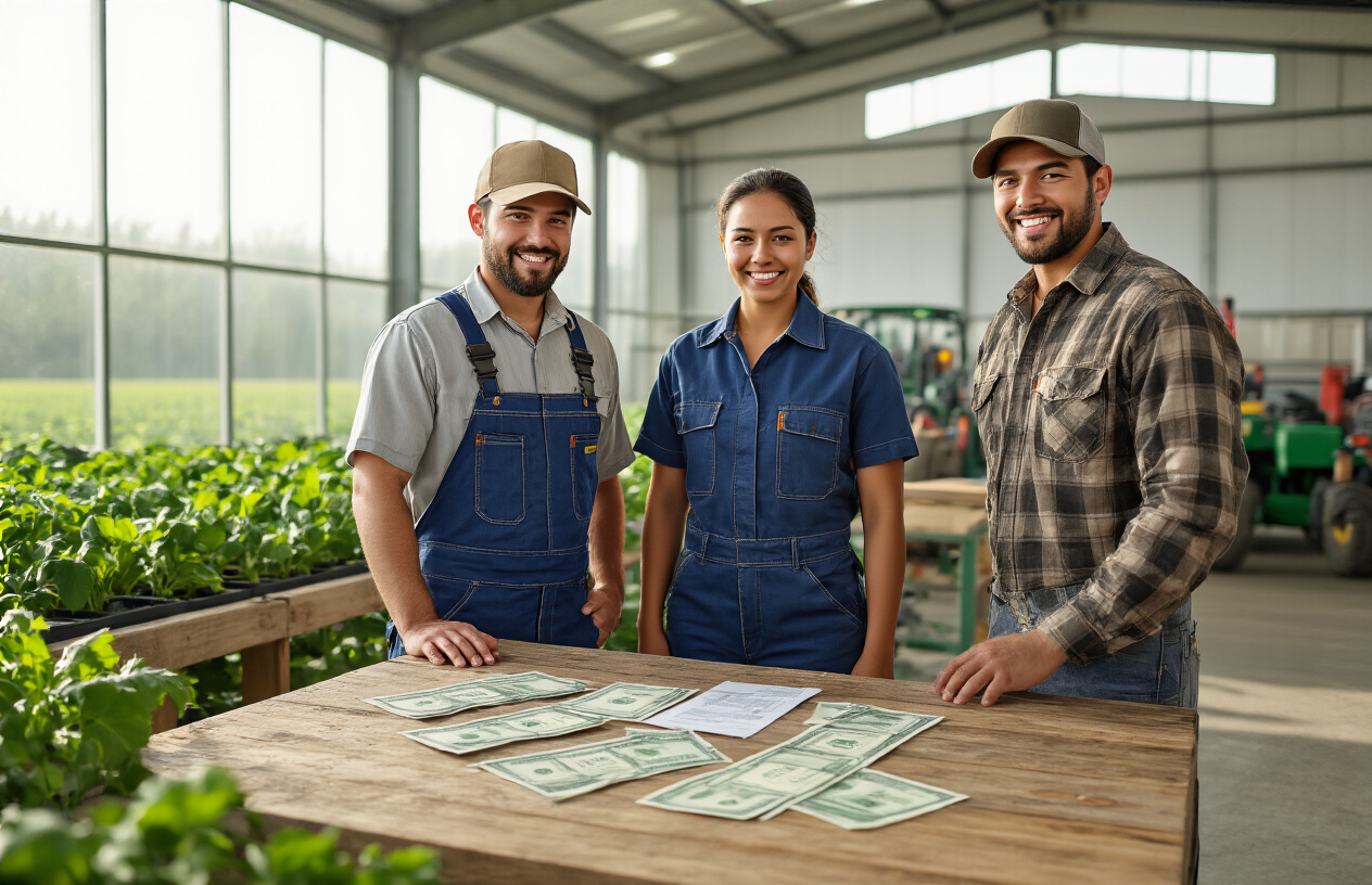Create a realistic image of a diverse group of farm workers including white male, black female, and Hispanic male workers in work uniforms standing together in a modern agricultural facility, with Canadian dollar bills and benefit documents spread on a wooden table in the foreground, bright natural lighting streaming through large windows, professional yet welcoming atmosphere suggesting positive employment opportunities, green plants and farming equipment visible in the background, absolutely NO text should be in the scene.