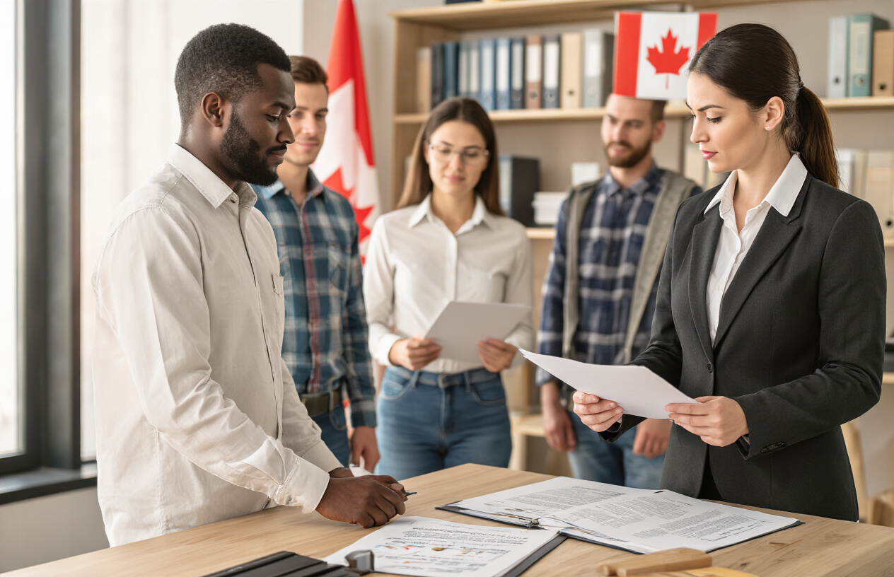 Create a realistic image of a diverse group of foreign farm workers including a black male, white female, and Hispanic male standing in a modern office setting while a white female legal advisor or government official in professional attire explains documents spread on a desk, with Canadian flag visible in background, law books on shelves, and warm professional lighting creating a supportive atmosphere that emphasizes worker rights and legal protection, absolutely NO text should be in the scene.