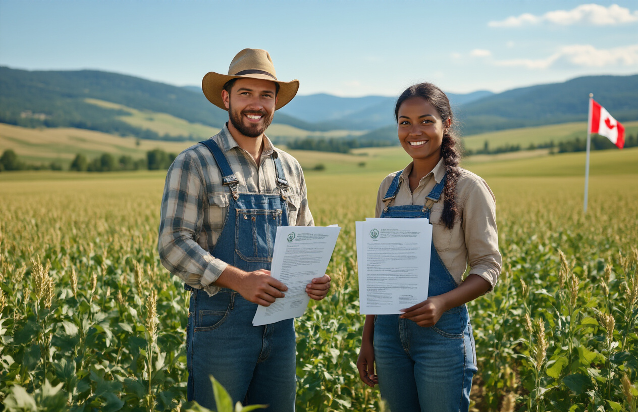 Create a realistic image of a diverse group of farm workers including a white male and black female in work clothes standing in a Canadian agricultural field with rolling hills in the background, holding official-looking documents representing immigration papers, with a Canadian flag visible on a nearby flagpole, bright daylight with clear blue sky, conveying hope and opportunity for permanent residency, Absolutely NO text should be in the scene.