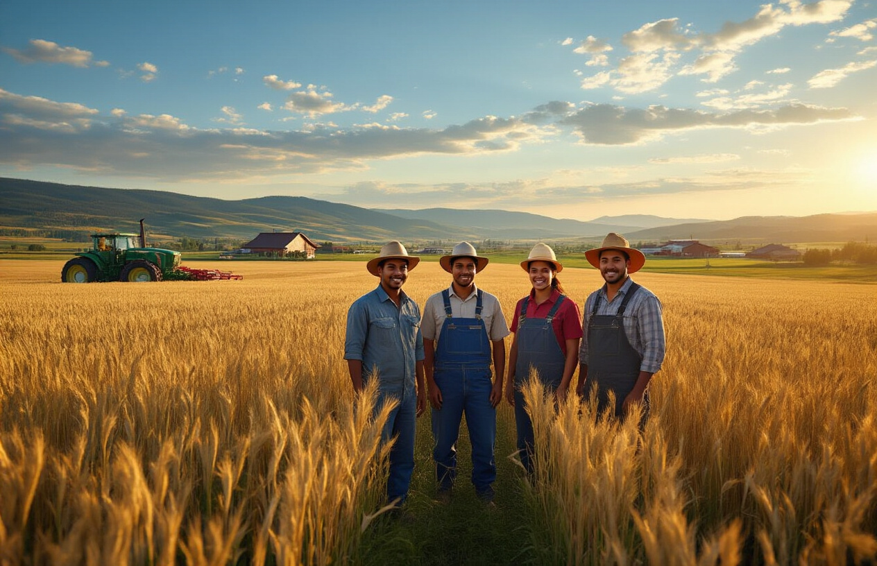 Create a realistic image of diverse farm workers of different races (white, black, Hispanic) and genders standing together in a vast Canadian agricultural field during golden hour, with modern farming equipment in the background, rolling hills and distant farmhouses under a bright blue sky with soft clouds, workers wearing practical farming attire and safety gear, conveying a sense of opportunity, success, and new beginnings, with Canadian flag subtly visible on a nearby farm building, absolutely NO text should be in the scene.