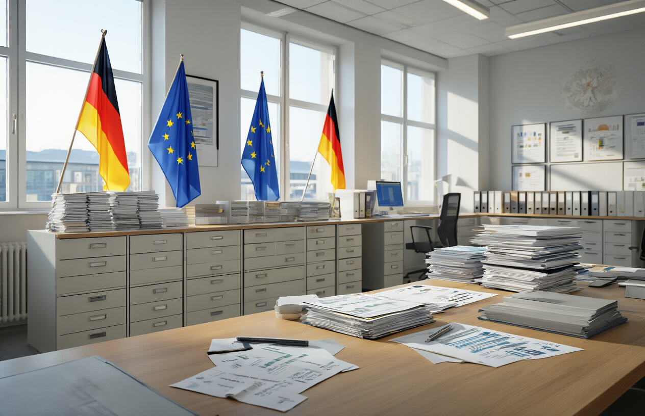 Create a realistic image of a modern German government office with organized filing cabinets containing tax documents, a desk with classification charts and forms spread out, German and EU flags in the background, professional lighting from office windows, and a clean bureaucratic atmosphere with organized paperwork systems visible. Absolutely NO text should be in the scene.
