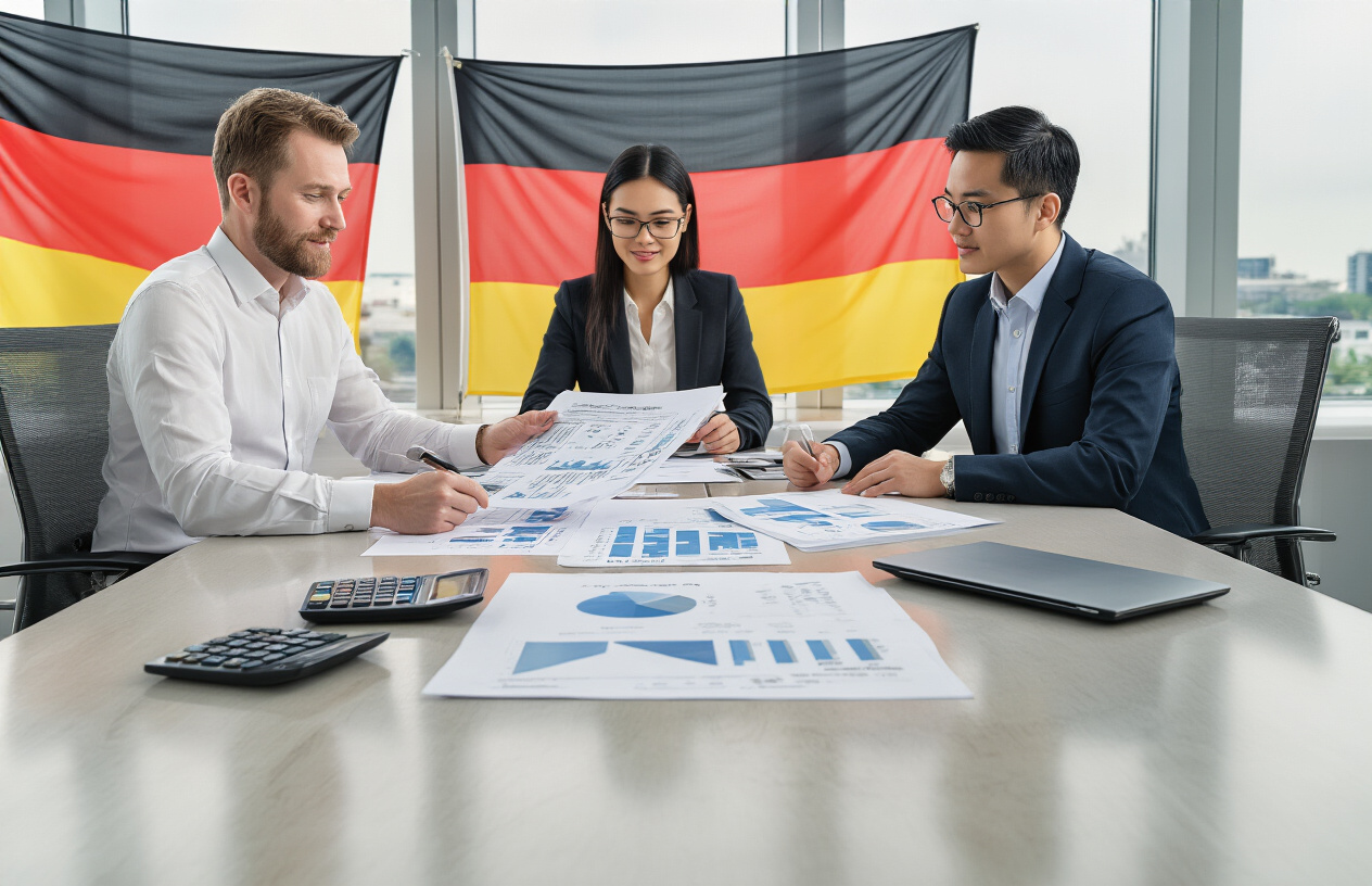 Create a realistic image of a modern German office setting with a diverse group of professionals including a white male, black female, and Asian male sitting around a sleek conference table reviewing tax documents and financial charts, with German flag subtly visible in background, calculators and laptops on table, clean corporate environment with natural lighting from large windows, professional business atmosphere, Absolutely NO text should be in the scene.