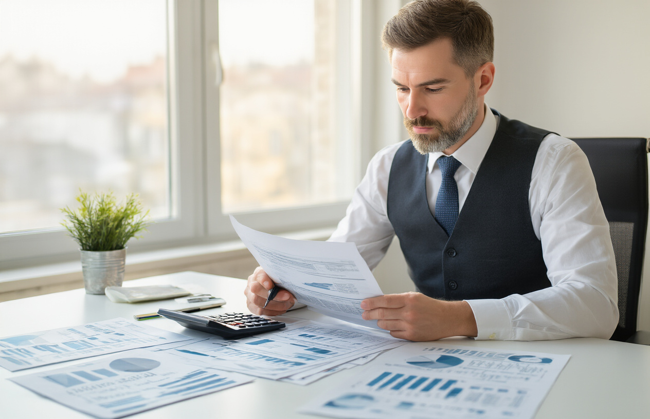 Create a realistic image of a professional white male accountant in a modern office setting working on tax documents and calculations, with financial charts, calculator, and organized paperwork spread across a clean desk, soft natural lighting from a window, conveying focus and expertise in tax optimization, warm and productive atmosphere, absolutely NO text should be in the scene.