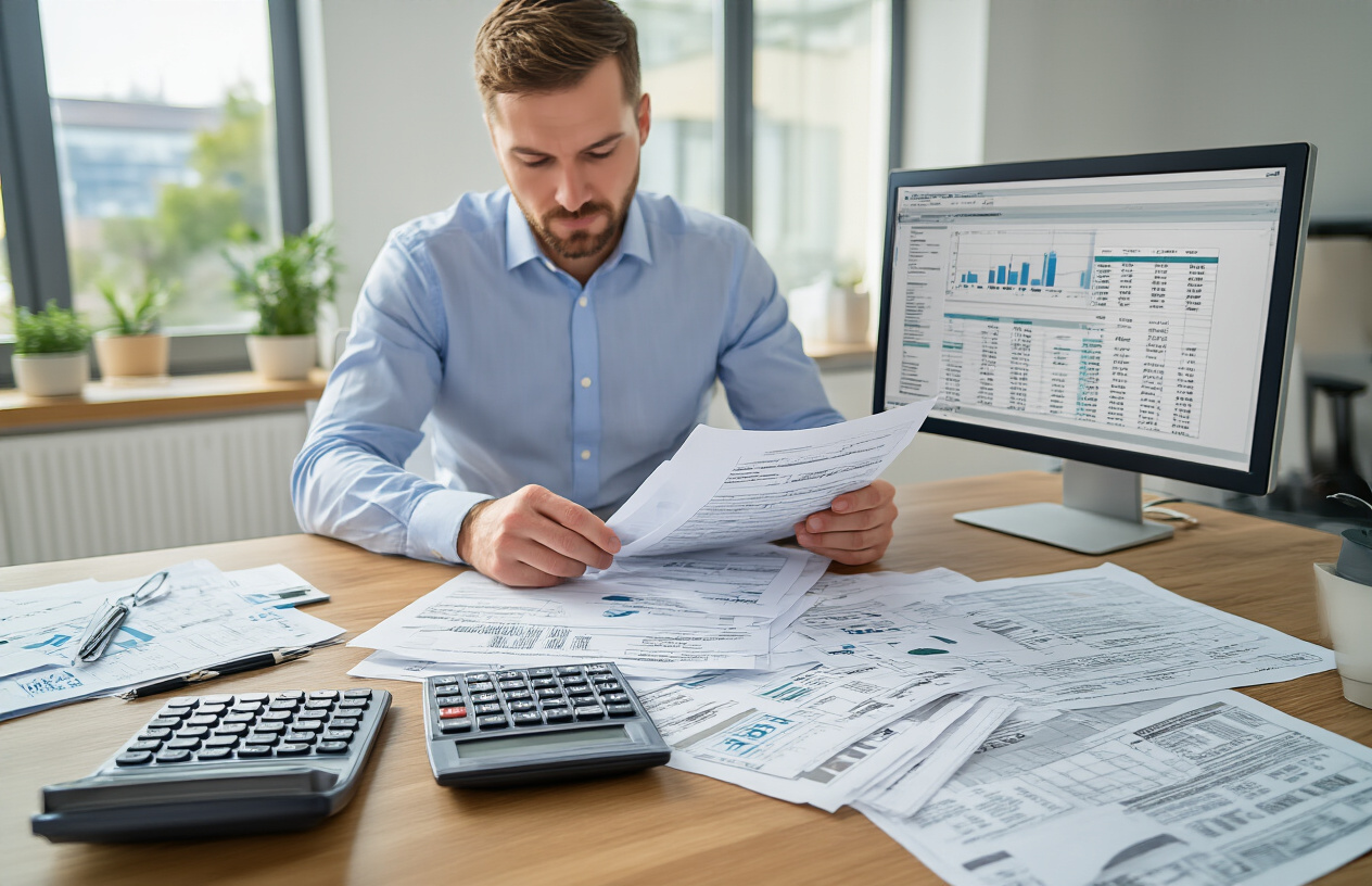 Create a realistic image of a professional office setting with financial documents and calculators on a wooden desk, showing German tax forms and social security paperwork scattered around, a white male accountant in business attire working with papers, modern office lighting with natural window light, clean and organized workspace atmosphere with a computer monitor displaying spreadsheets in the background, absolutely NO text should be in the scene.