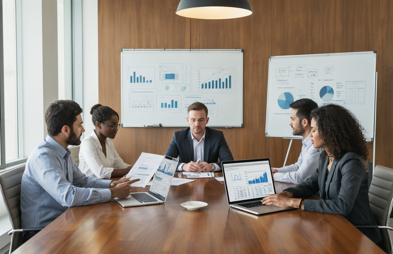 Create a realistic image of a modern office conference room with a diverse group of international professionals - including a white male, black female, and Asian male - sitting around a polished wooden table reviewing tax documents and financial charts, with laptops open displaying spreadsheets, a whiteboard in the background showing strategic planning diagrams, warm professional lighting from overhead fixtures, and a sophisticated business atmosphere conveying financial planning and consultation, absolutely NO text should be in the scene.