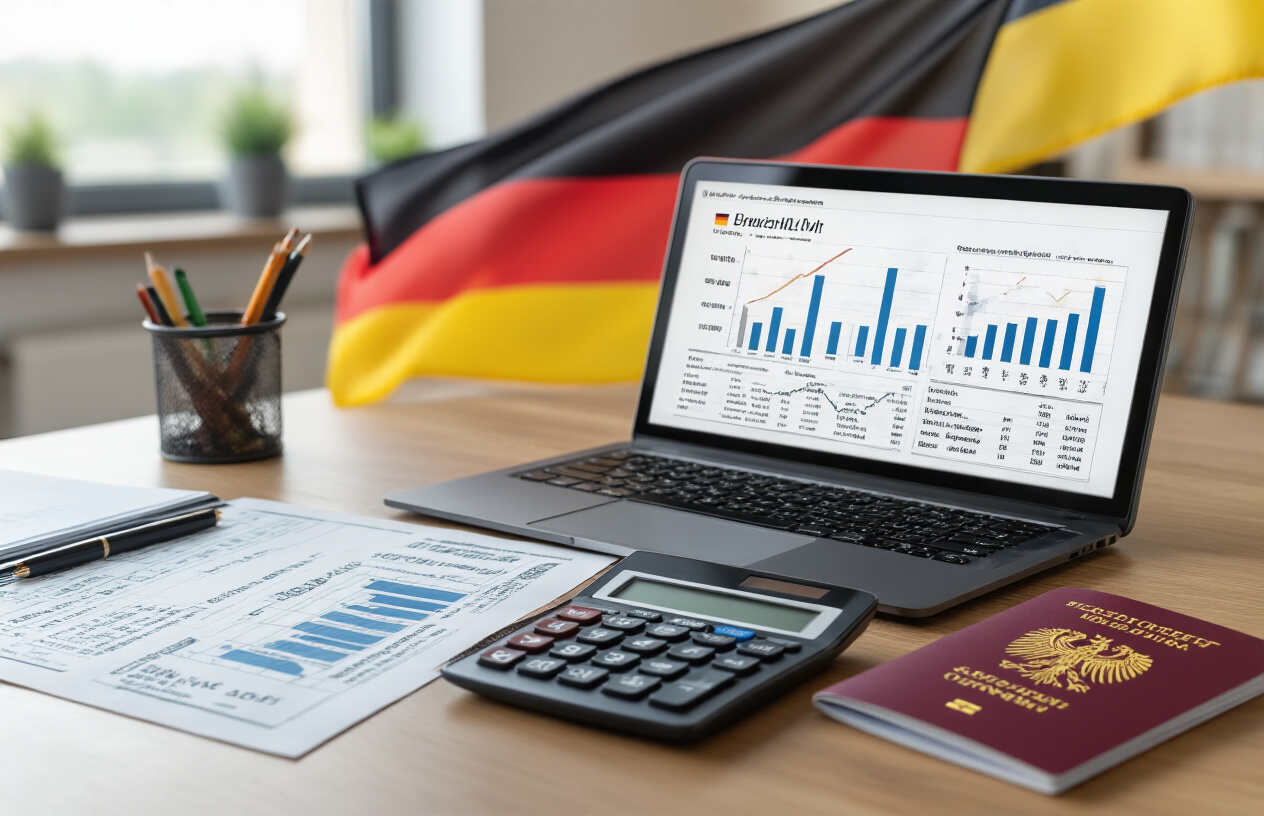 Create a realistic image of a modern office desk with German tax documents, calculator, and laptop computer showing financial charts, alongside a German passport and work visa, with the German flag subtly visible in the background, professional lighting creating a clean business atmosphere, symbolizing foreign worker taxation and financial planning in Germany, Absolutely NO text should be in the scene.