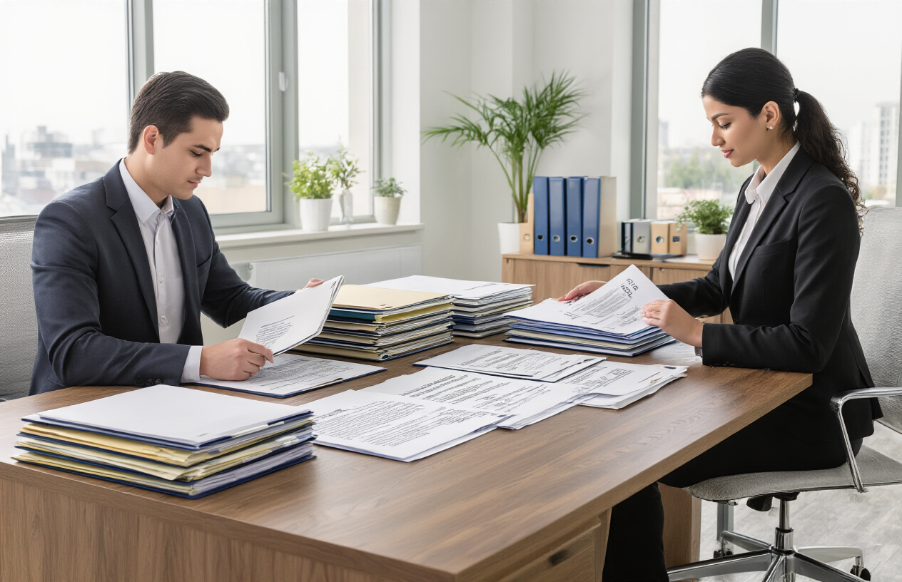 Create a realistic image of a professional office desk with multiple organized document folders and filing systems representing different types of employer petition categories, featuring a diverse arrangement of official immigration forms spread across a clean wooden surface, with a white male business professional in a suit reviewing documents on one side and a black female HR specialist organizing petition files on the other side, set in a bright modern office environment with natural lighting from large windows, conveying a sense of organized bureaucratic processes and legal documentation workflow, absolutely NO text should be in the scene.