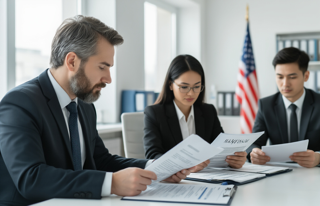 Create a realistic image of a diverse group of professionals in a modern office setting, including a white male HR manager in a business suit reviewing documents at a desk, a black female attorney examining legal papers, and an Asian male foreign worker candidate holding immigration documents, with American flag visible in background, clean corporate environment with filing cabinets and computer workstations, bright natural lighting from windows, formal business atmosphere conveying immigration and employment process, absolutely NO text should be in the scene.