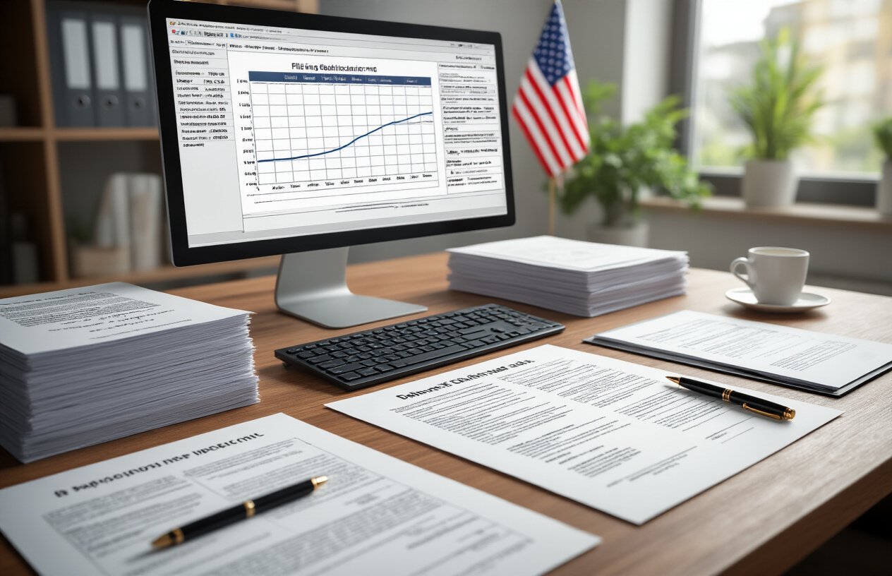 Create a realistic image of a clean modern office desk with organized legal documents and immigration forms spread out in sequential order, a computer screen displaying a filing timeline chart, a professional calendar showing different deadline dates, a stack of petition paperwork with official government letterhead, a pen positioned next to signature lines, and a subtle American flag visible in the background, all arranged to show a systematic step-by-step process workflow in bright natural office lighting, absolutely NO text should be in the scene.