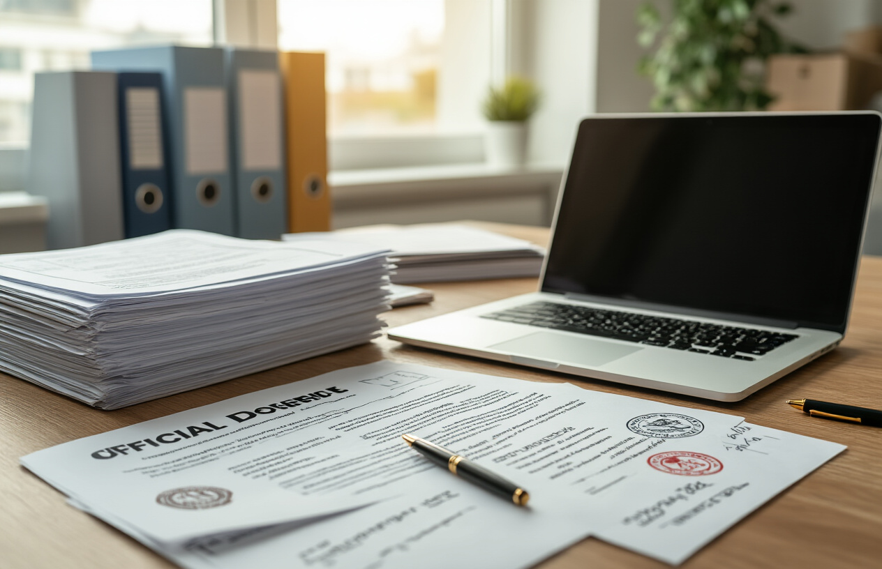 Create a realistic image of a well-organized desk scene featuring stacks of official documents, folders, and paperwork spread across a wooden surface, with a laptop computer open displaying forms, official government seals and stamps visible on papers, a pen lying next to signed documents, file folders labeled with legal categories, and a professional office environment in the background with soft natural lighting from a window, creating a focused and serious administrative atmosphere. Absolutely NO text should be in the scene.