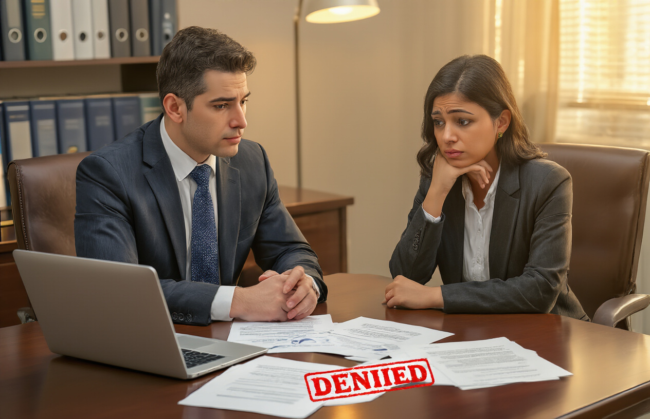 Create a realistic image of a modern office setting with a white male immigration attorney in a business suit sitting across from a concerned-looking Hispanic female client at a polished wooden desk, with scattered official documents, a laptop computer, and a red "DENIED" stamp visible on papers, warm indoor lighting, professional atmosphere conveying consultation about overcoming legal obstacles, absolutely NO text should be in the scene.