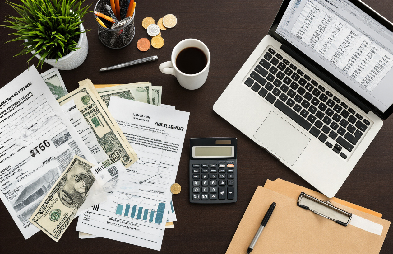 Create a realistic image of a professional desk scene with financial documents, calculator, US dollar bills, coins, and filing folders scattered on a dark wooden surface, with a laptop computer displaying spreadsheet data, a coffee cup, and a pen nearby, shot from above with soft natural lighting from a window, creating a business atmosphere focused on financial planning and budgeting, absolutely NO text should be in the scene.