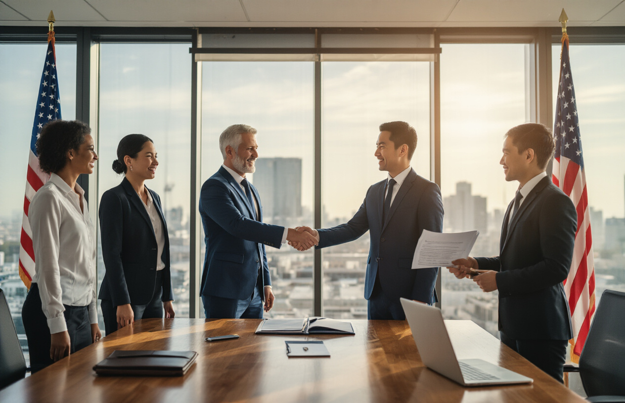Create a realistic image of a modern office conference room with a large wooden table where a diverse group of professionals are shaking hands in celebration, including a white male business executive in a navy suit, a black female HR manager in professional attire, and an Asian male immigration attorney holding legal documents, with American flag visible in the background, warm natural lighting streaming through large windows, briefcases and laptops on the table suggesting successful completion of business, professional and optimistic atmosphere conveying achievement and partnership. Absolutely NO text should be in the scene.