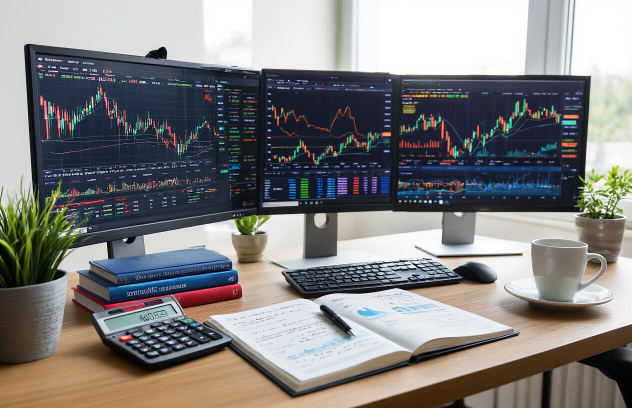 Create a realistic image of a professional workspace featuring a modern desk with multiple computer monitors displaying colorful stock market charts, graphs, and financial data visualizations, a stack of financial books and investment guides, a calculator, notebook with handwritten notes, and a pen, surrounded by elements like a small potted plant, coffee cup, and natural lighting from a nearby window, creating a focused and organized atmosphere for financial planning and investment research, absolutely NO text should be in the scene.